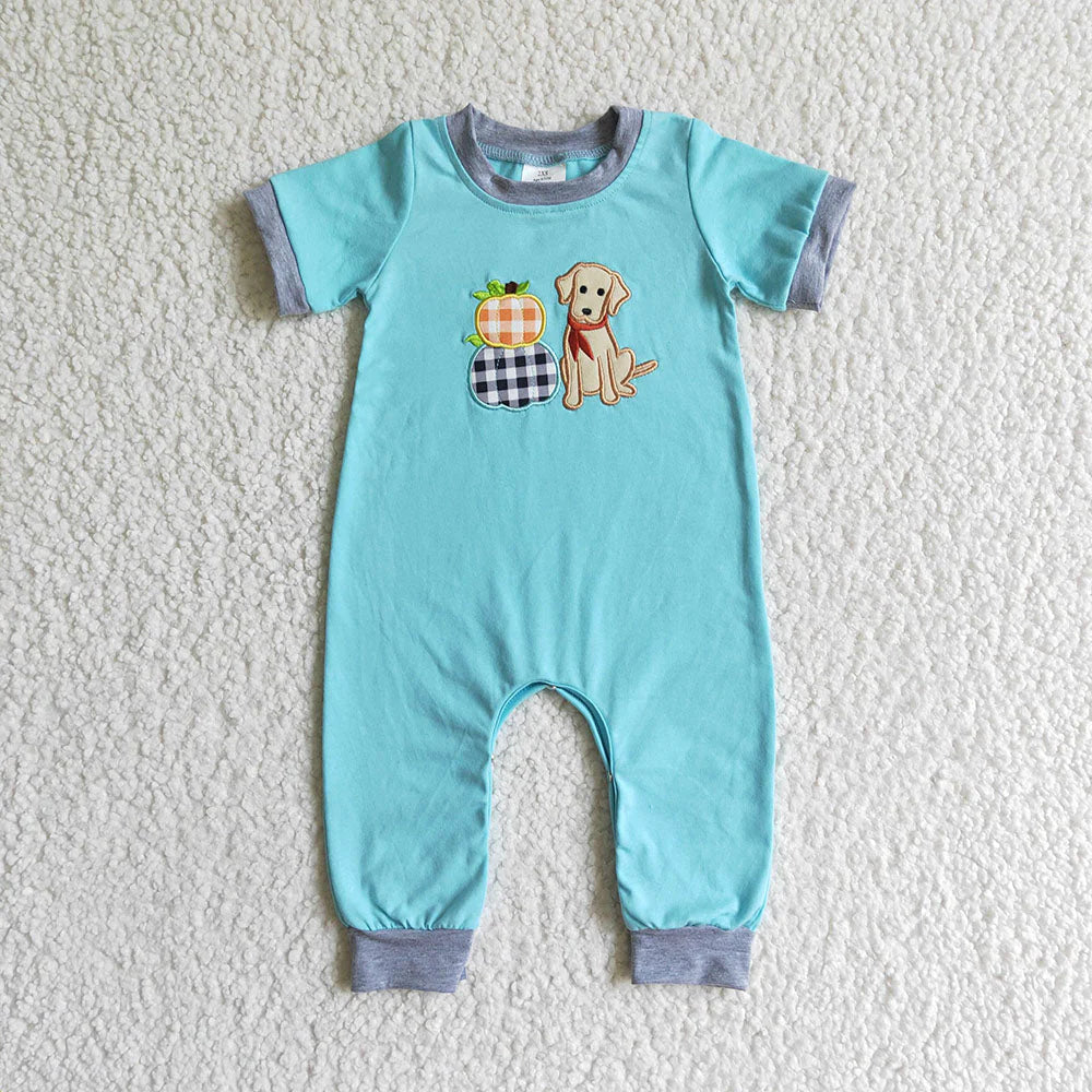 10.3 RTS Sibling Baby Boys Dog Pumpkins Embroidery Rompers Outfits Sets