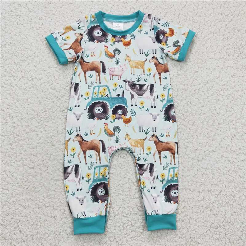 7.16  RTS NO MOQ Cow goat pig horse chicken baby boy farm romper dress