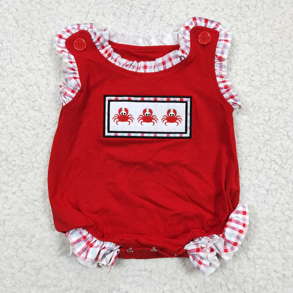 12.17 RTS Sibling Girls Embroidery Baby Boys Crab Red Rompers Clothes Sets