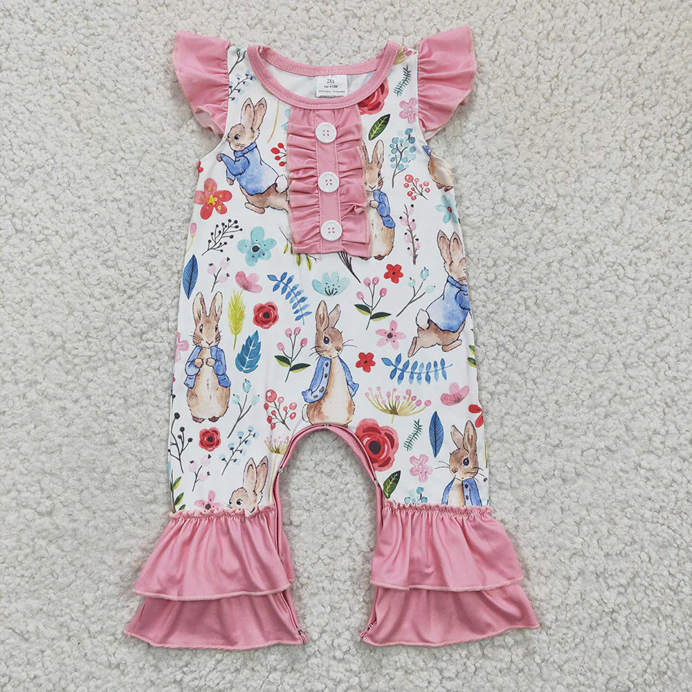 2.10 RTS Sibling Baby Girls Summer Easter Rabbits Spring Rompers