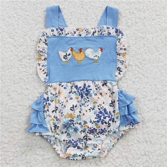SR0285 Girls Embroidered Flower Rooster Blue Vest Jumpsuit
