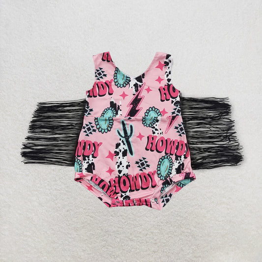 SR0324RTS NO MOQ Baby Girls Summer Rompers Baby Girls Western Tassel Howdy Pink Rompers