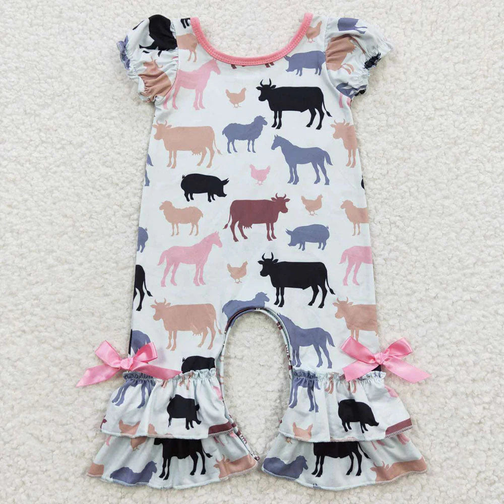 1.13 RTS Sibling Baby Girls Western Highland Cow Romper