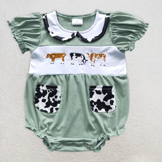 SR0373 RTS NO MOQ  Baby Girls Summer Rompers Baby Girls Cow Green Color Rompers