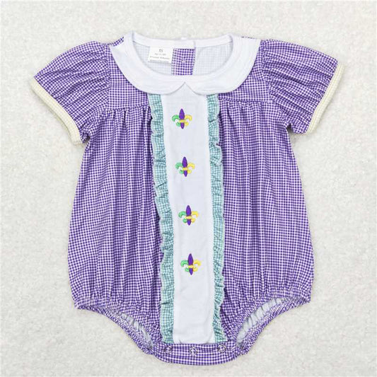 4.24 SR0471 RTS NO MOQ Purple short sleeves baby girls Mardi gras romper