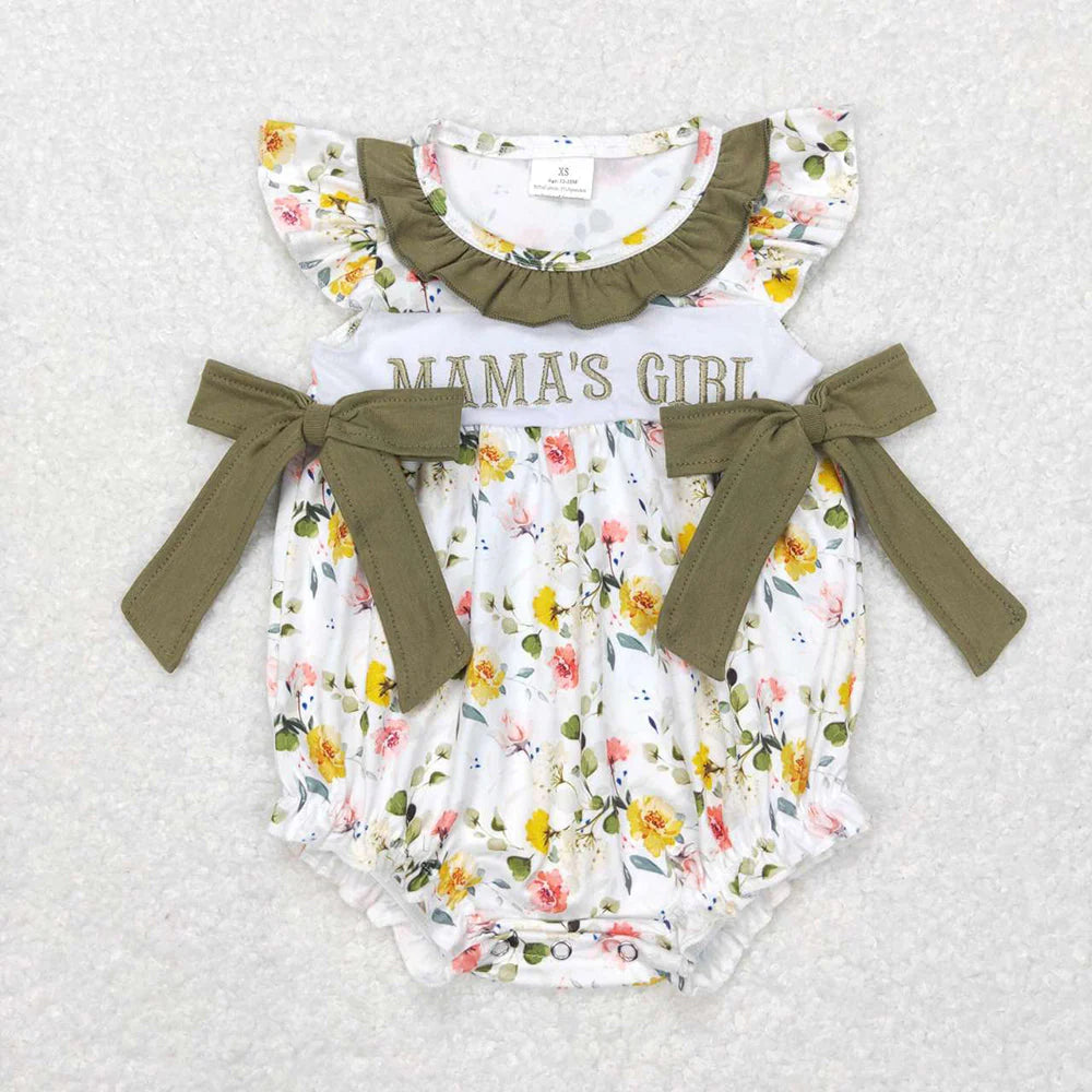 12.26 RTS Sibling Mama's Girl Baby Girls Green Floral Bows Rompers Dresses
