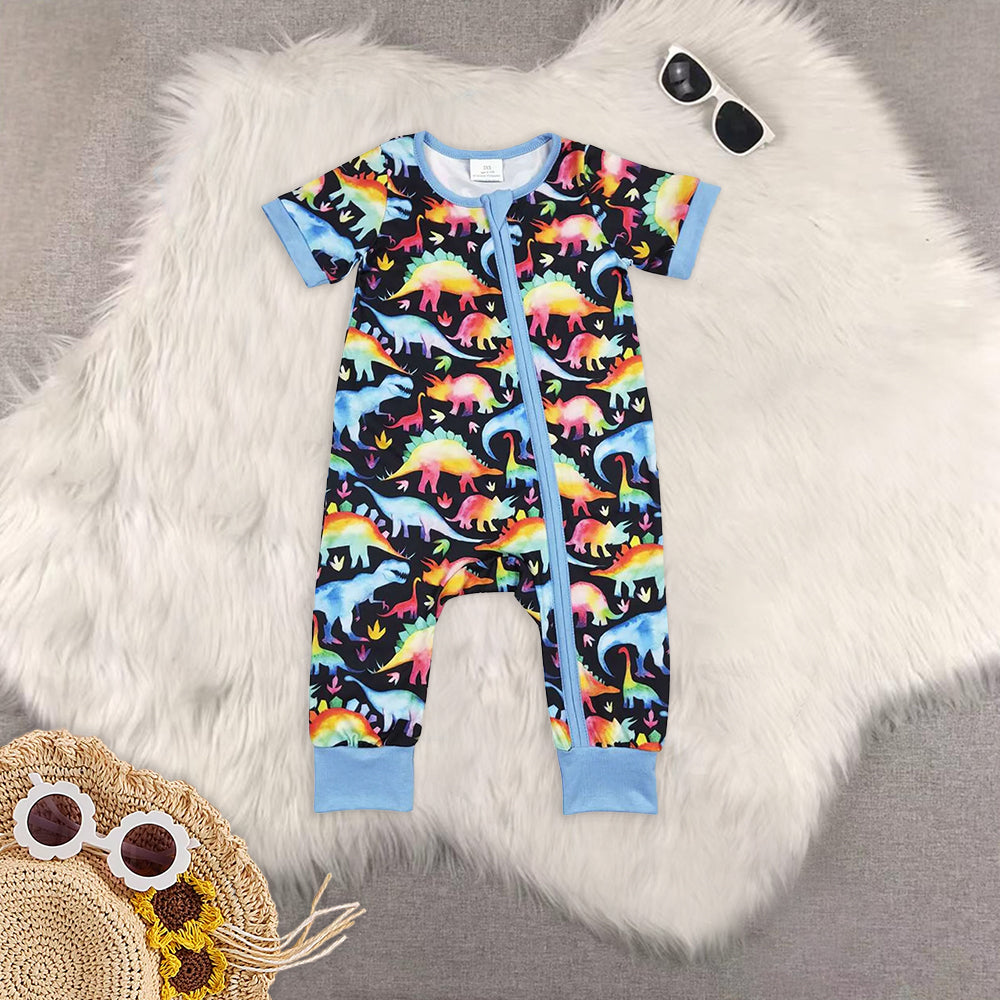 8.01   Sibling Blue flutter sleeves dinosaur kids girls dresses rompers