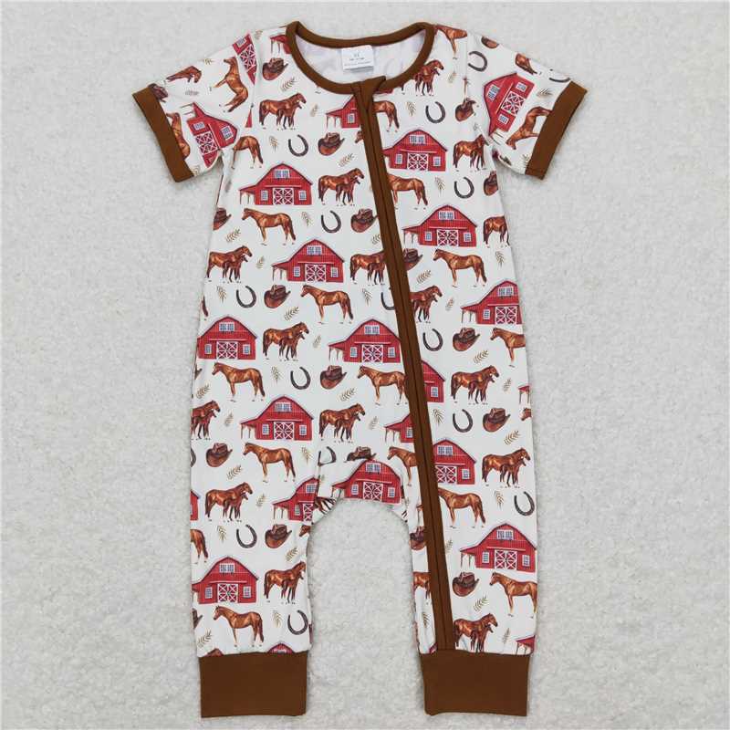 4.22 RTS NO MOQ Brown Farm Horse Short Sleeve Zipper Romper for Baby Kids - Cute Animal Print Comfortable Cotton Onesie for Toddlers