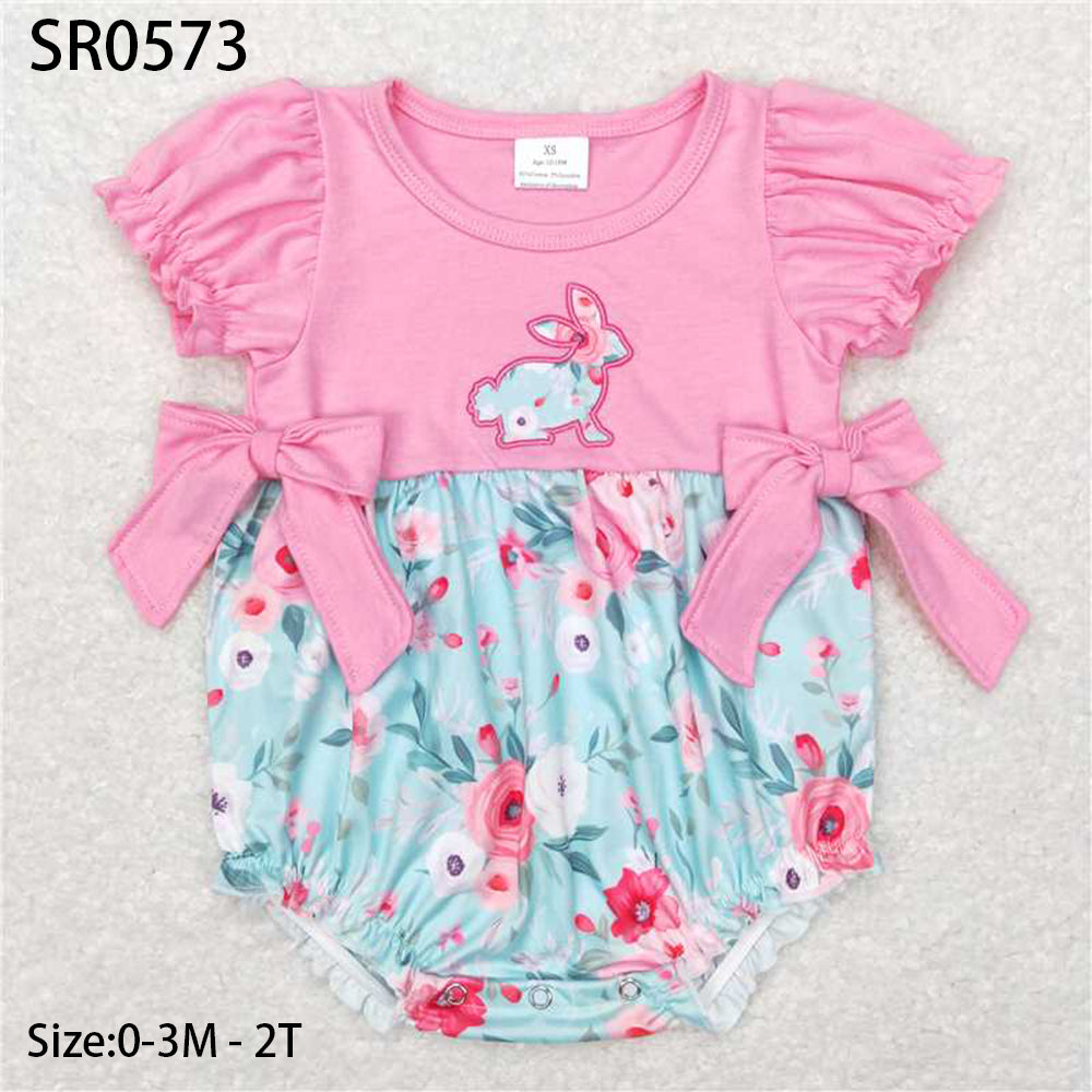 SR0573 New Rts No Moq 8-9 Days By Air Arrived it Short sleeves pink floral bunny baby girls easter romper