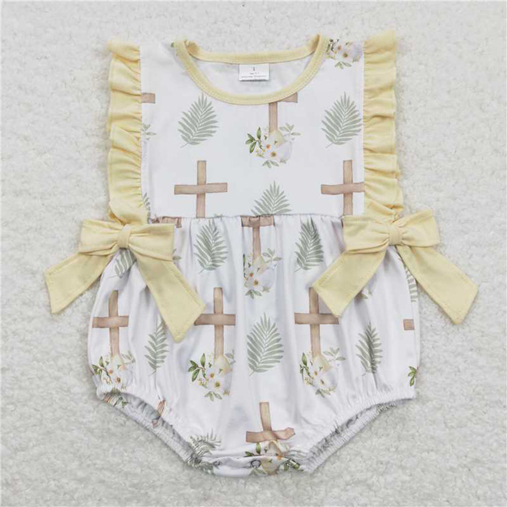 4.18 SR0619 RTS NO MOQ Sleeveless cross he is risen baby girls easter romper