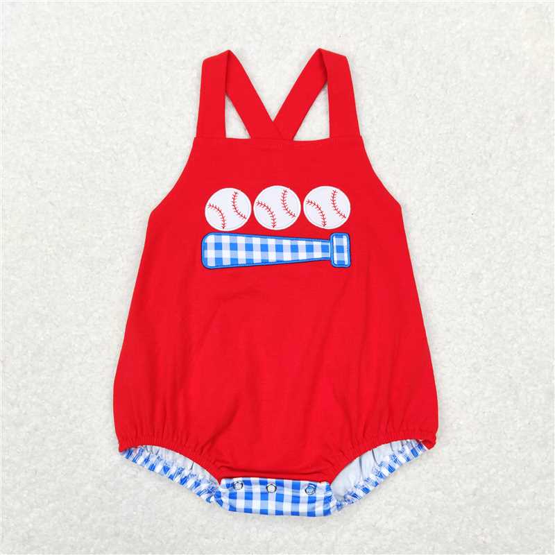 4.26 RTS NO MOQ Red Plaid Ruffle Baby Girls Romper Baseball Theme Cute Infant Outfit for Girls