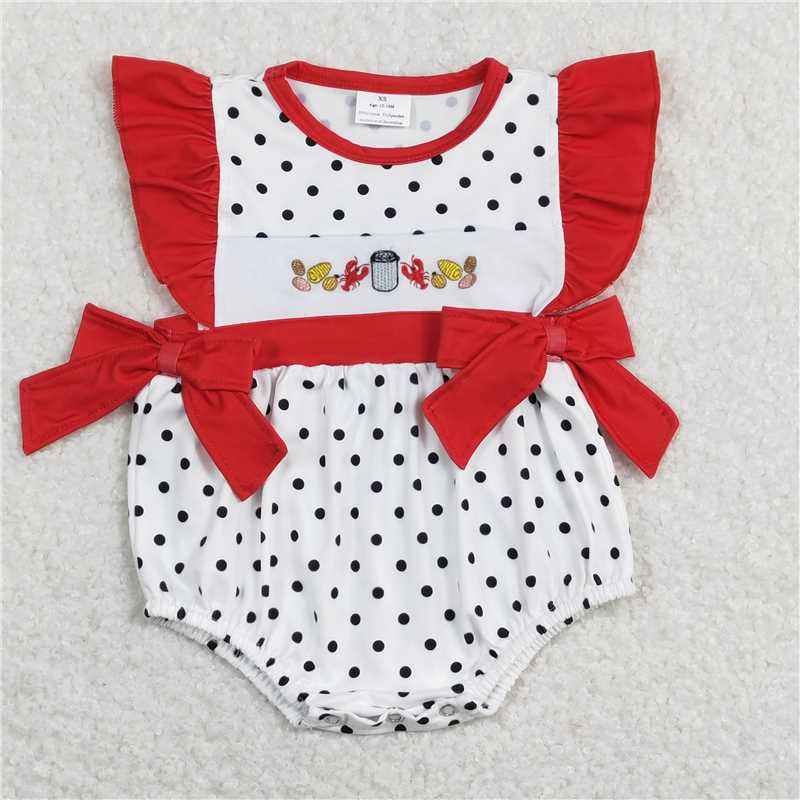 4.26 RTS NO MOQ Girls Polka Dots Crawfish Tunic Ruffle Shorts Outfit Set Cute Feminine Style Children's Clothing Set