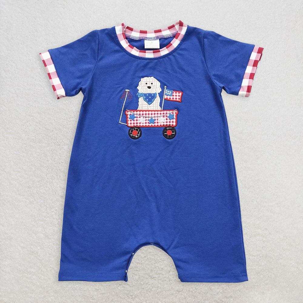 RTS Sibling Dog flag top plaid shorts boys 4th of july clothes rompers