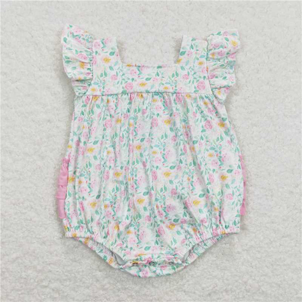 SR0805Pink Ruffle Floral Romper Baby Girls Summer Casual Outfit Soft Cotton Clothing for Little Girls Cute Infant Dress