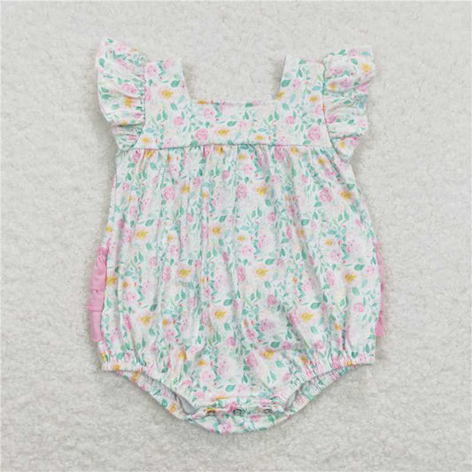 SR0805Pink Ruffle Floral Romper Baby Girls Summer Casual Outfit Soft Cotton Clothing for Little Girls Cute Infant Dress