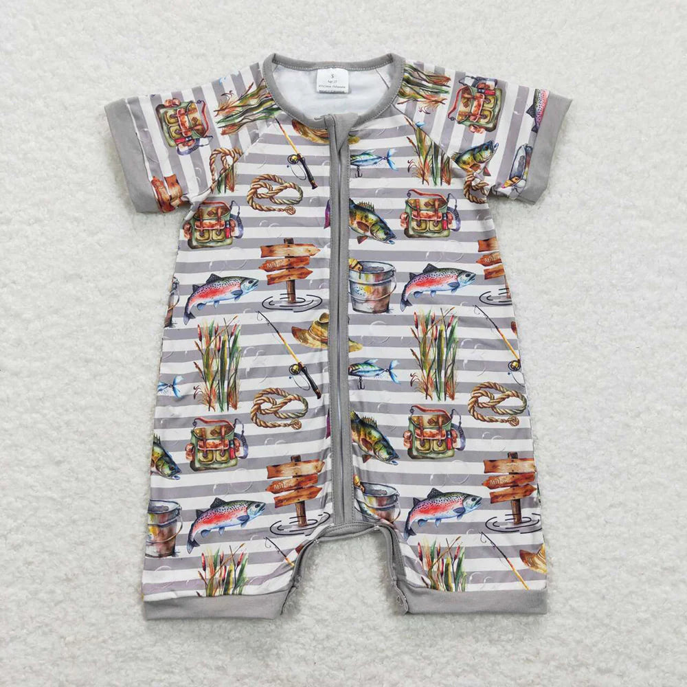 12.4 RTS Sibling Baby Boys Fishing Zip Rompers Outfits Sets