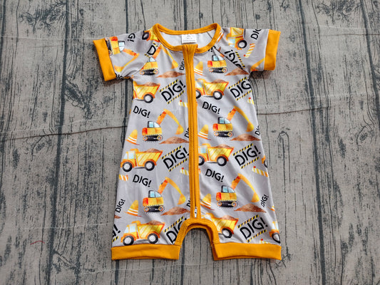 4.10 SR0844 Sample No Moq Baby Boys Digger Summer Short Sleeve Zip Rompers
