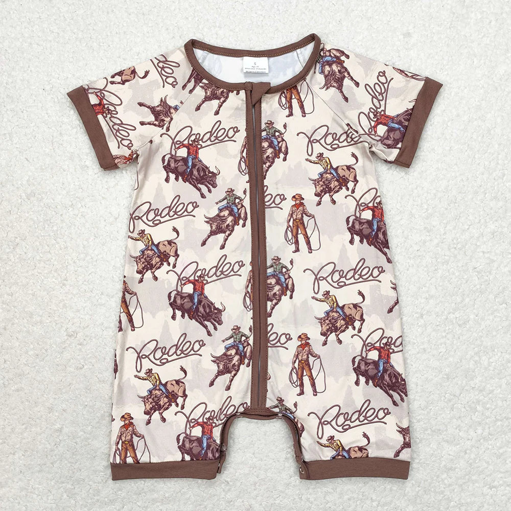 1.23 RTS Sibling Baby Infant Boys Western Cowboys Short Sleeve Zip Rompers