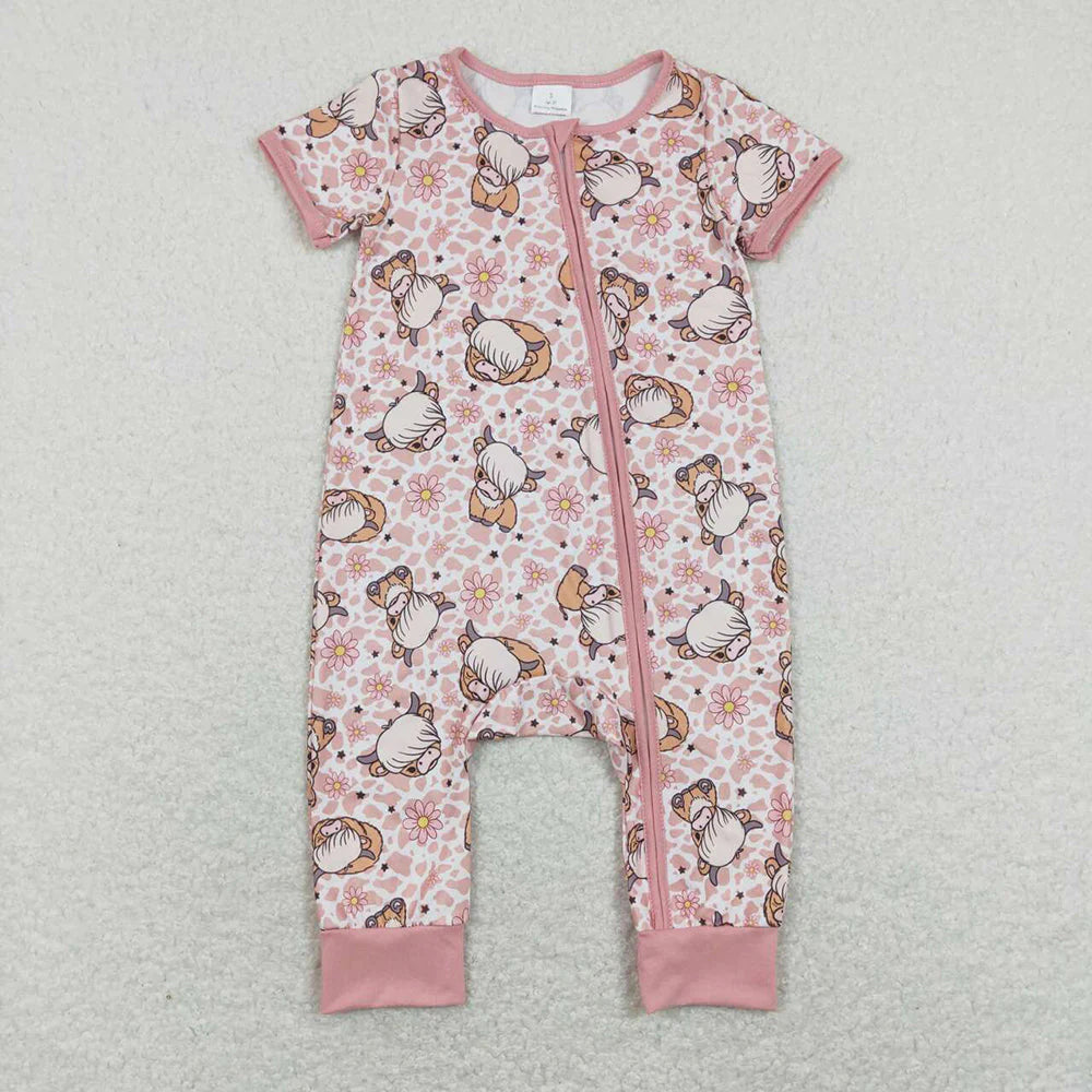 12.29 RTS Sibling Boys Baby Infant Girls Cows Short Sleeve Zip Rompers