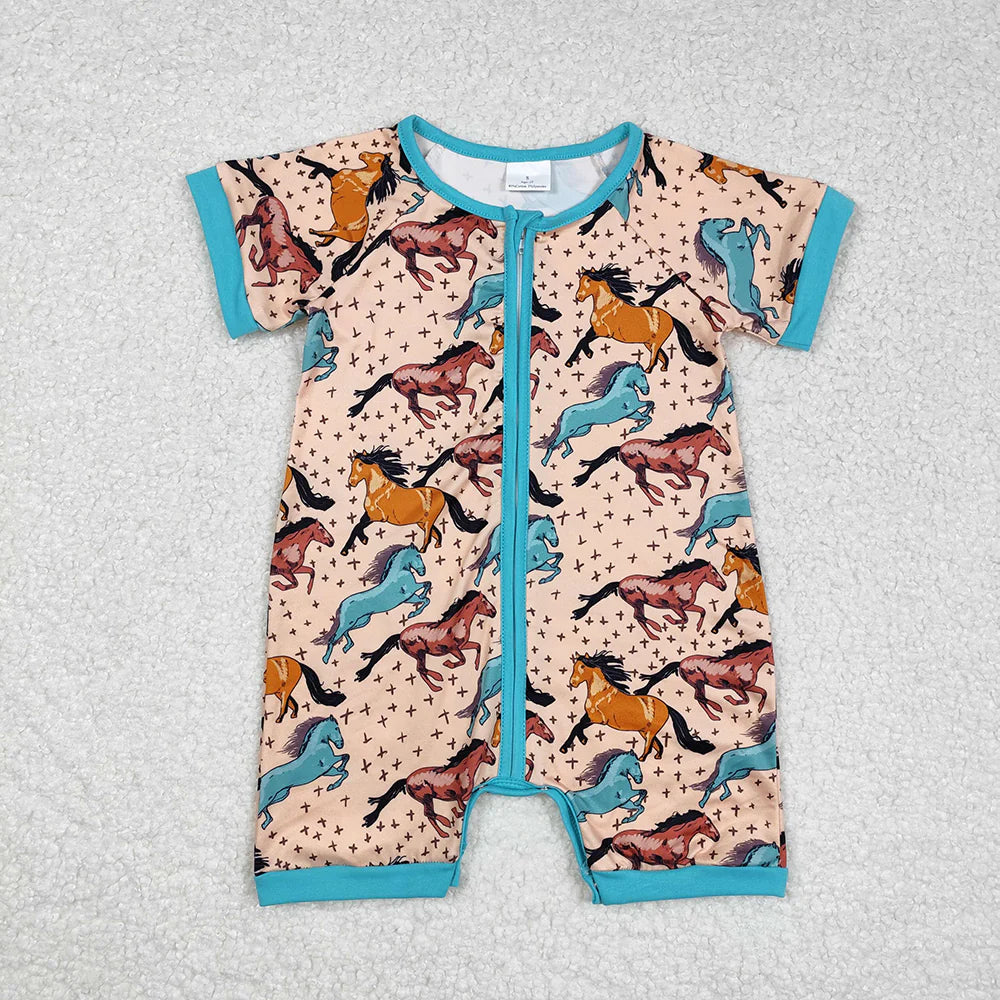 1.23 RTS Sibling Baby Infant Boys Western Cowboys Short Sleeve Zip Rompers