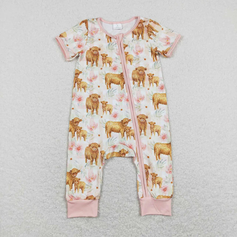 12.29 RTS Sibling Boys Baby Infant Girls Cows Short Sleeve Zip Rompers