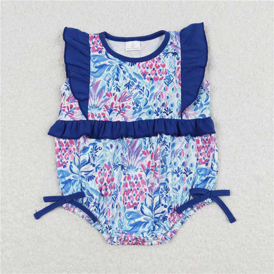 SR1033 New Rts No Moq 8-9 Days By Air Arrived it Flutter sleeves blue floral bow baby girls romper