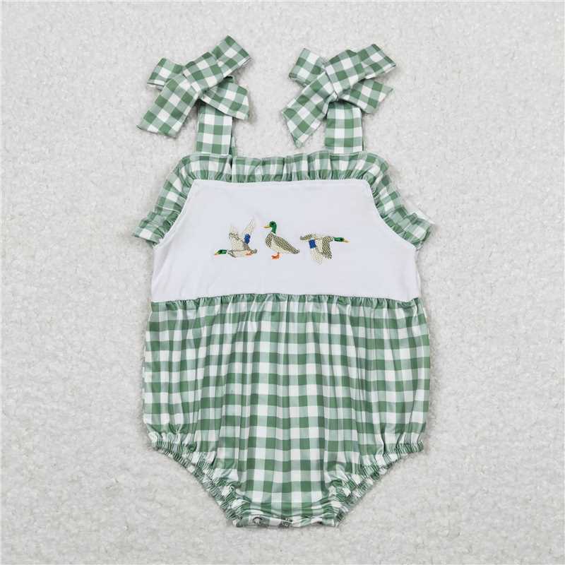 4.30 SR1065 RTS NO MOQ Green plaid straps duck baby girls summer romper