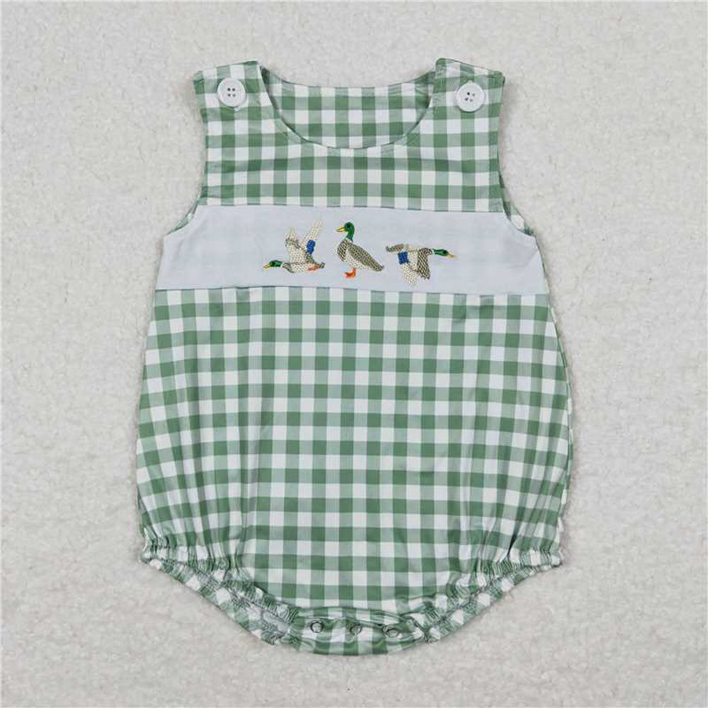 5.16  SR1066 RTS NO MOQ Green plaid sleeveless duck baby boys summer romper