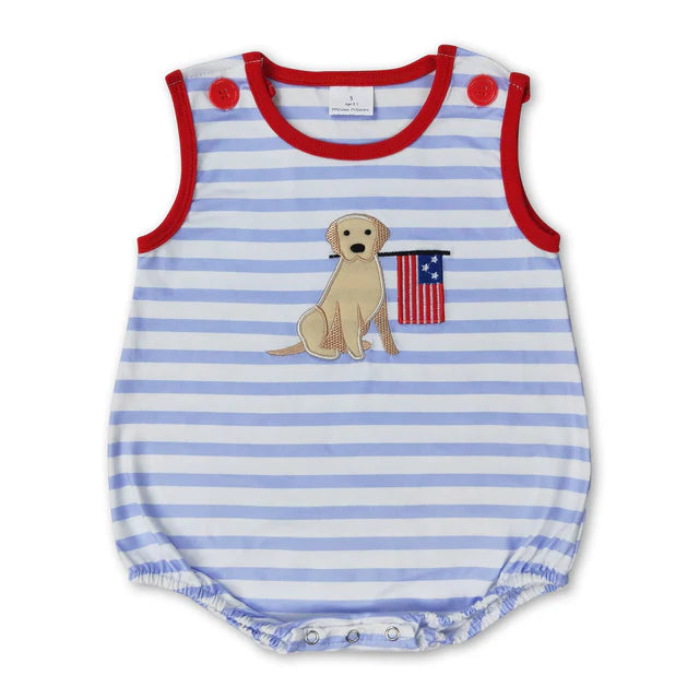 RTS Sibling Sleeveless stripe dog flag baby boys 4th of july romper