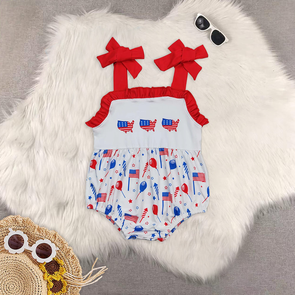 8.01   Sibling Red top balloon flag shorts boys and girls 4th of july clothes rompers