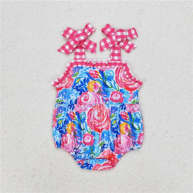 6.30  RTS NO MOQ Plaid straps tunic ruffle shorts girls summer outfits dress rompers