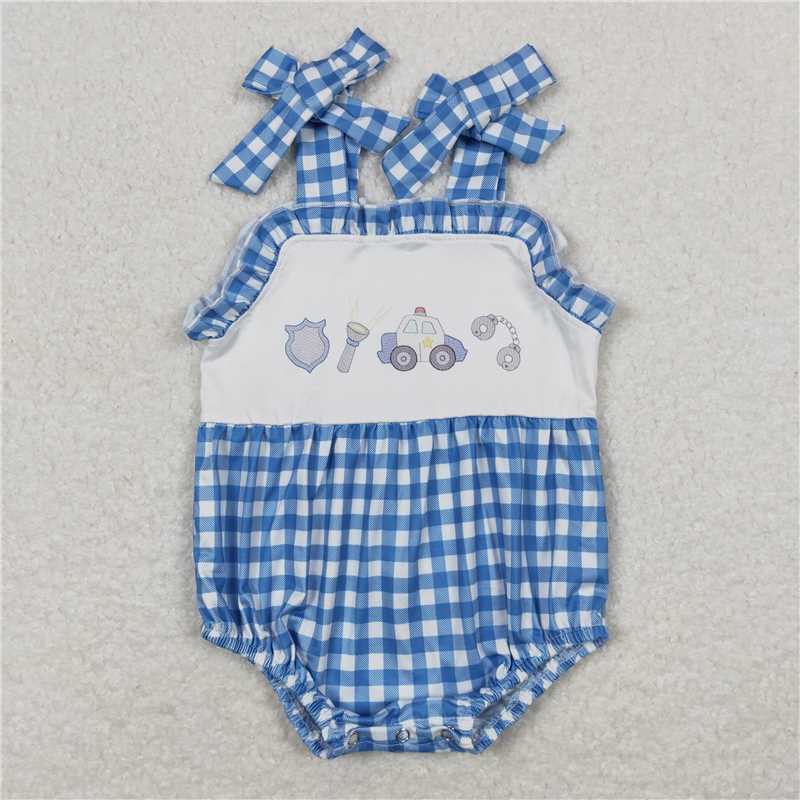 7.14 RTS NO MOQ Blue police car top plaid shorts boys and girls clothes
