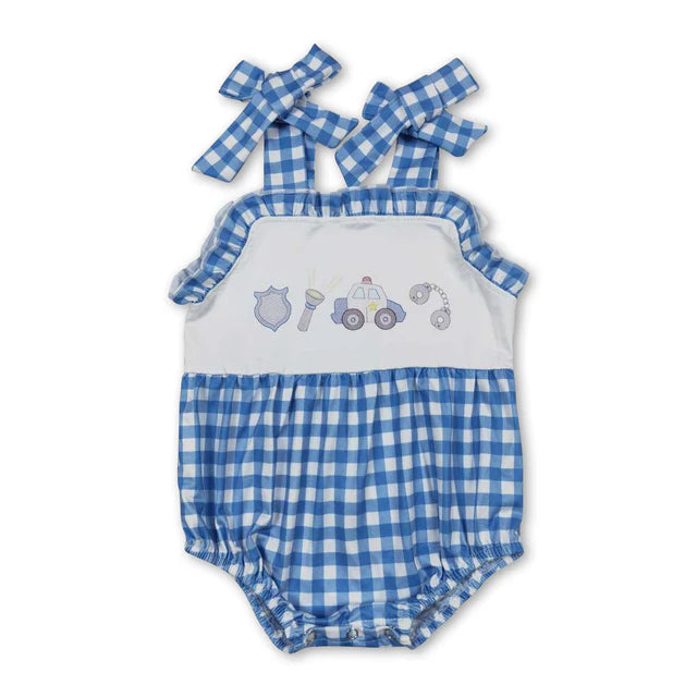 RTS Sibling Blue plaid straps police car girls summer dresses and romper