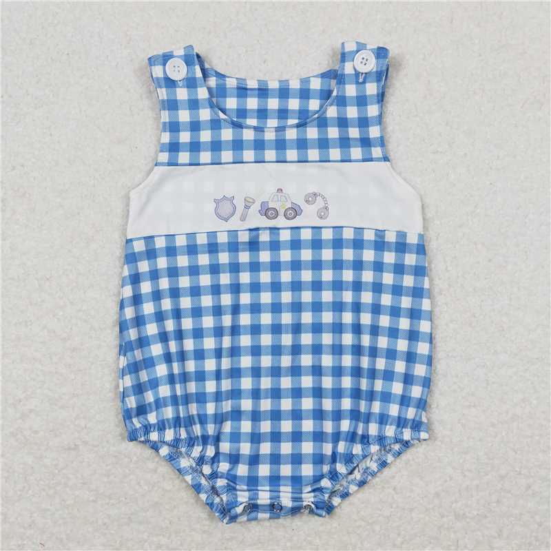 7.14 RTS NO MOQ Blue police car top plaid shorts boys and girls clothes
