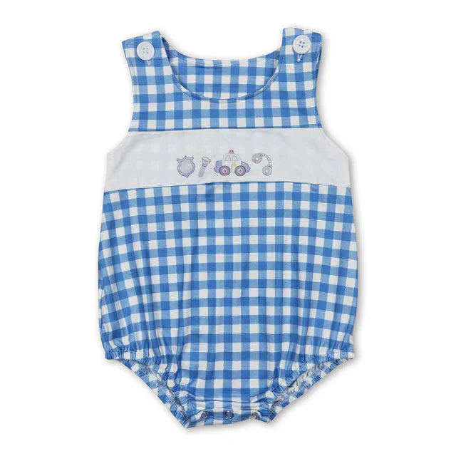 RTS Sibling Blue plaid straps police car girls summer dresses and romper
