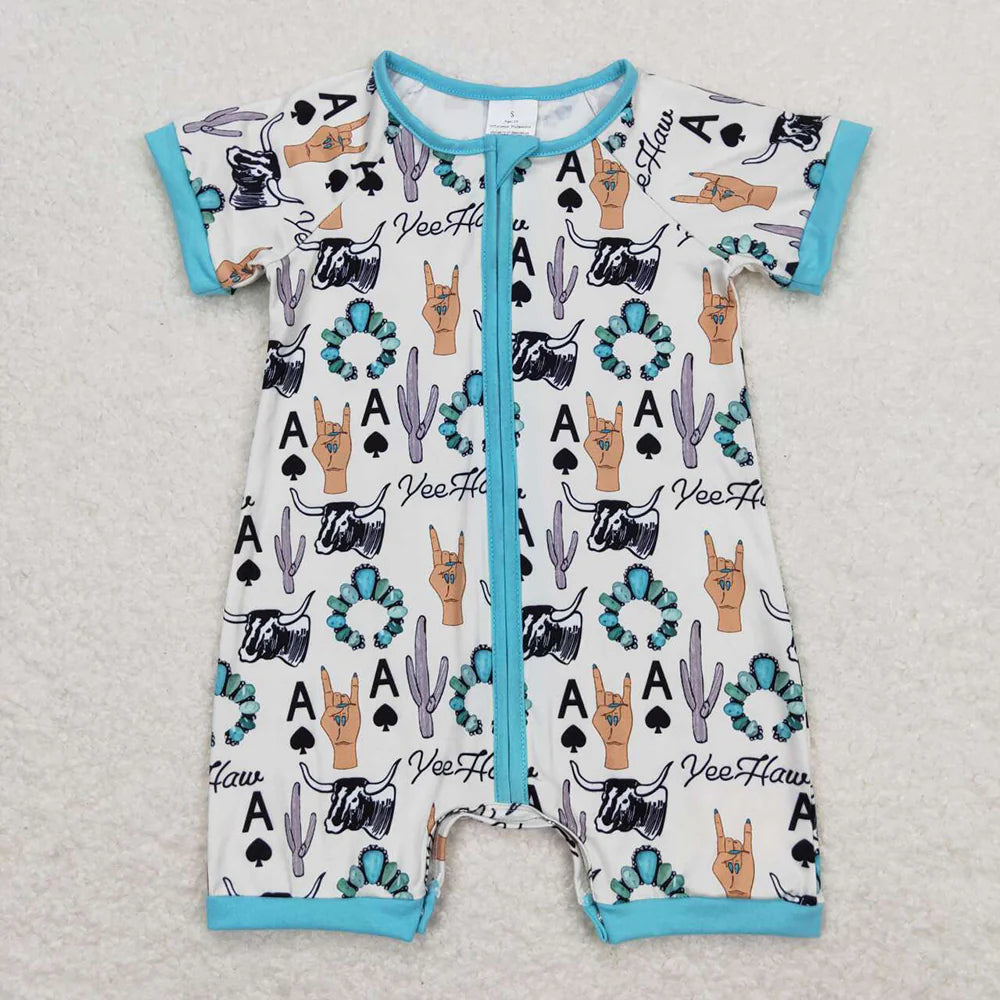 1.23 RTS Sibling Baby Infant Boys Western Cowboys Short Sleeve Zip Rompers