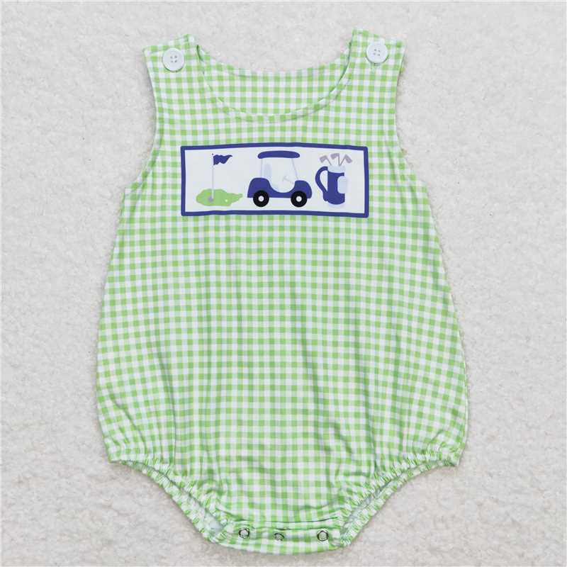7.16  RTS NO MOQ Light blue golf top plaid shorts boys summer clothing rompers