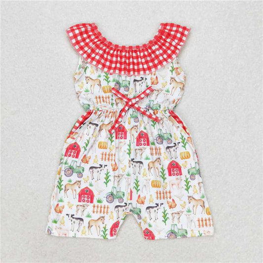 4.22 SR1301 RTS NO MOQ Plaid pig horse chicken pockets baby girls farm jumpsuit