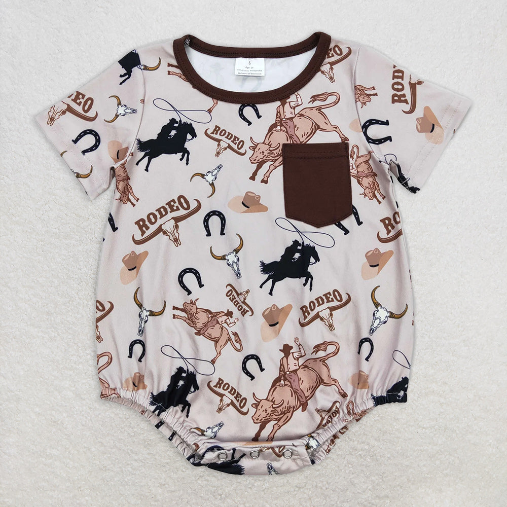 8.25 SR1358RTS NO MOQ Baby Boys Summer Romper rodeo riding brown pocket short sleeve jumpsuit