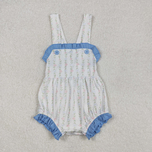SR1478Light Blue Floral Summer Romper for Baby Girls with Straps Infant Clothing Soft Comfortable Breathable Baby Outfit