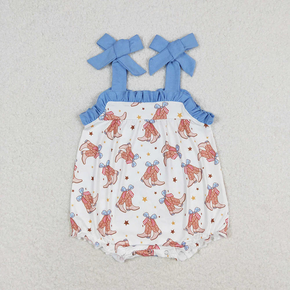 12.24 RTS Sibling Baby Girls Straps Boots Bows Western Rompers Dresses