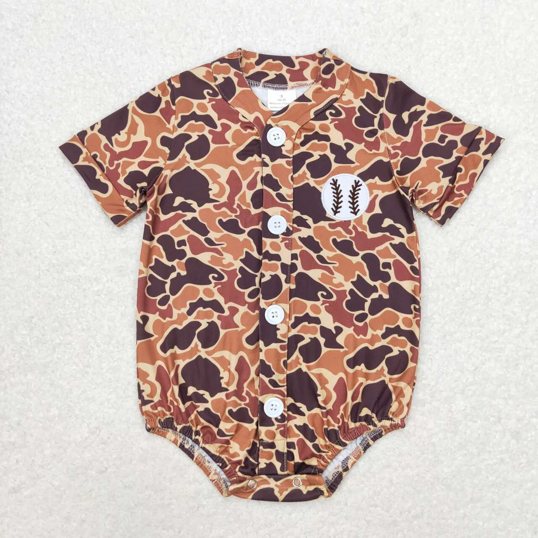 10.27 RTS Embroidery Baseball Baby Boys Brown Camo Button Team Short Sleeve Shirts Tops Rompers