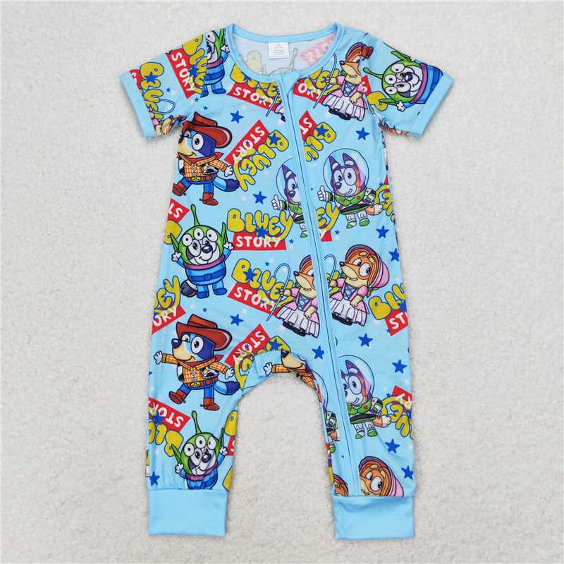 4.22 RTS NO MOQ Blue Dog Toy Short Sleeve Zipper Romper for Baby Boy Comfortable Cotton Clothing with Cute Animal Design