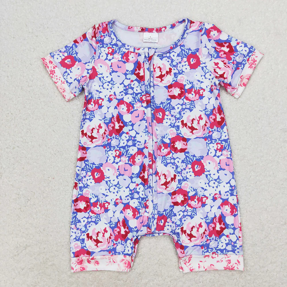 12.10 RTS Sibling Baby Infant Girls Flowers Zip Short Sleeve Rompers