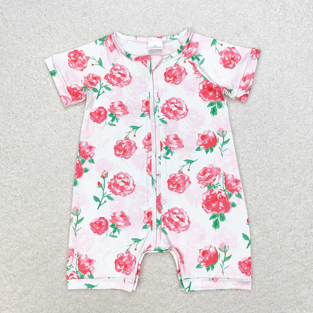 12.10 RTS Sibling Baby Infant Girls Flowers Zip Short Sleeve Rompers