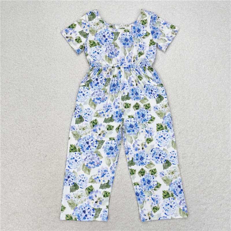 Blue Floral Kids Girls Jumpsuit with Pocket Short Sleeves for Children's Clothing