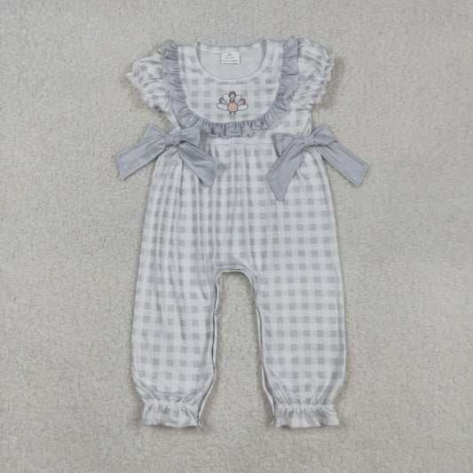 RTS NO MOQ （In stock）SR1970 Baby Girls Autumn Rompers Plaid Turkey Romper Short Sleeves Thanksgiving Theme Outfit