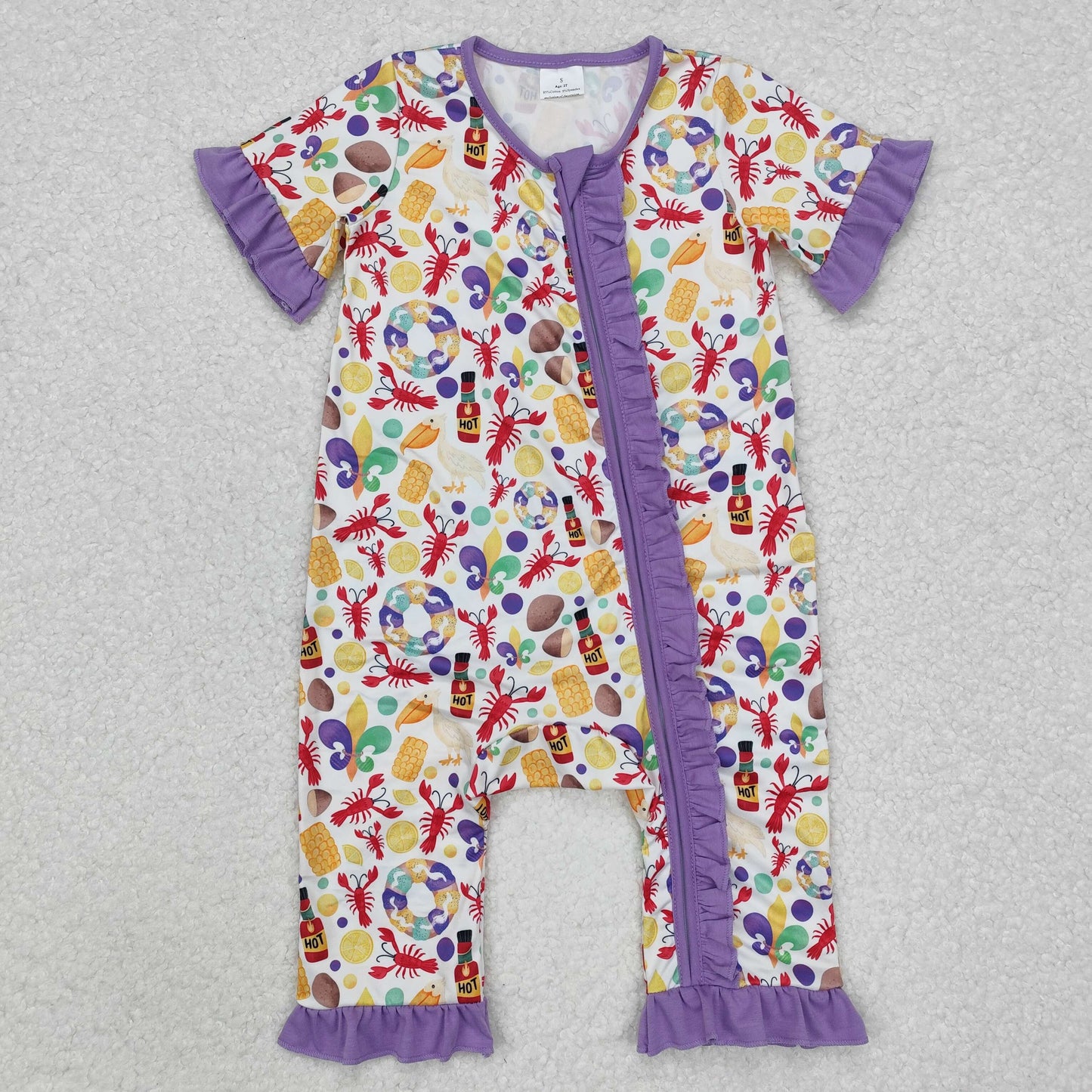 RTS Purple ruffle crawfish baby girls Mardi Gras zipper romper