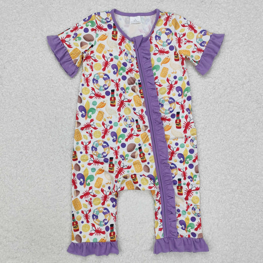 RTS Purple ruffle crawfish baby girls Mardi Gras zipper romper