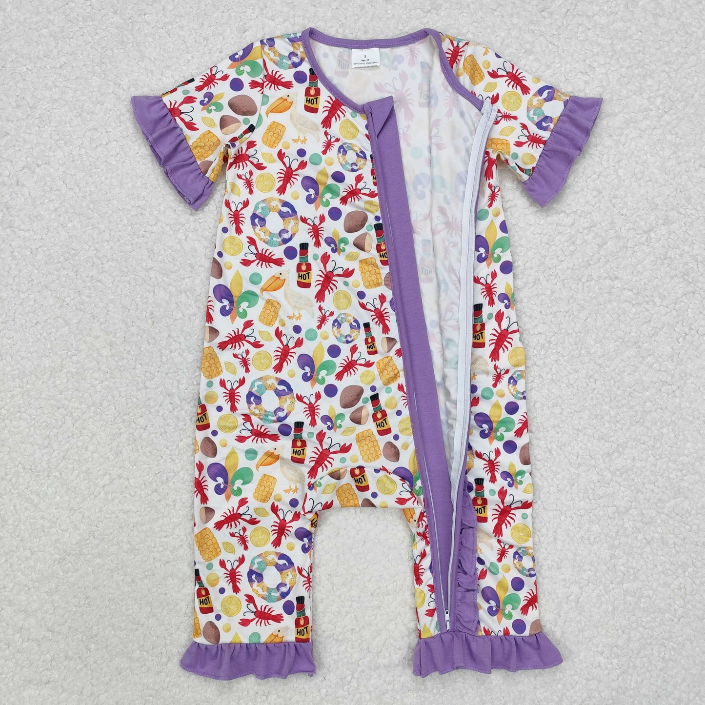 RTS Purple ruffle crawfish baby girls Mardi Gras zipper romper